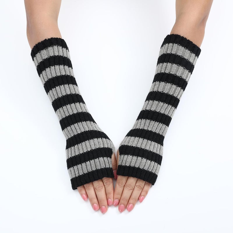 Sumleno Y2k Striped Arm Warmers Long Fingerless Knitted Gloves Punk Gothic Alt Emo Scene Cool Winter Arm Sleeves Grunge Accessories - Image 3